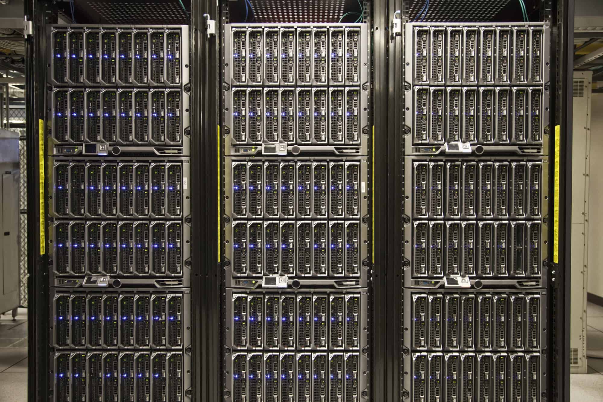Servers on racks in a large computere server farm.